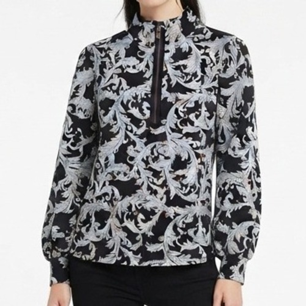 Soft Surroundings Pullover Top Womens XL Black Grey Damask Scroll Quarter Zip